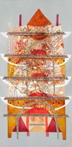 Fanny Mazure - Tibetaanse Tempel. Handgeschilder olieverfschilderij met collage op MDF. 30x60 cm