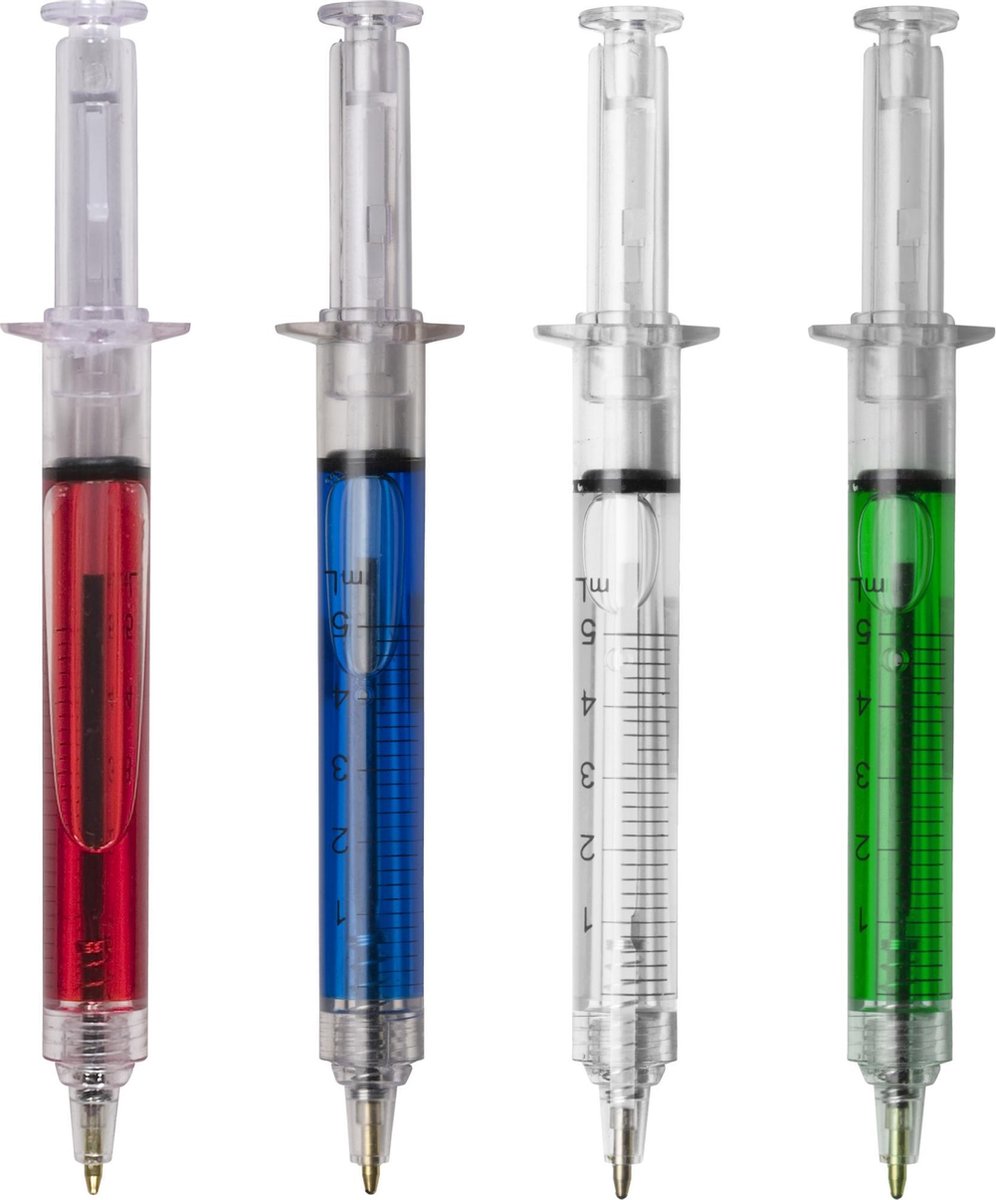 4 x Pennen - Injectiespuit - Balpen - met gekleurde vloeistof - Spuit Pen - Schrijft Zwart