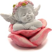 Engel op roos -dromerig ogende engel in een rozenbloesem - van poly - 6x6x6cm - 2 stuks