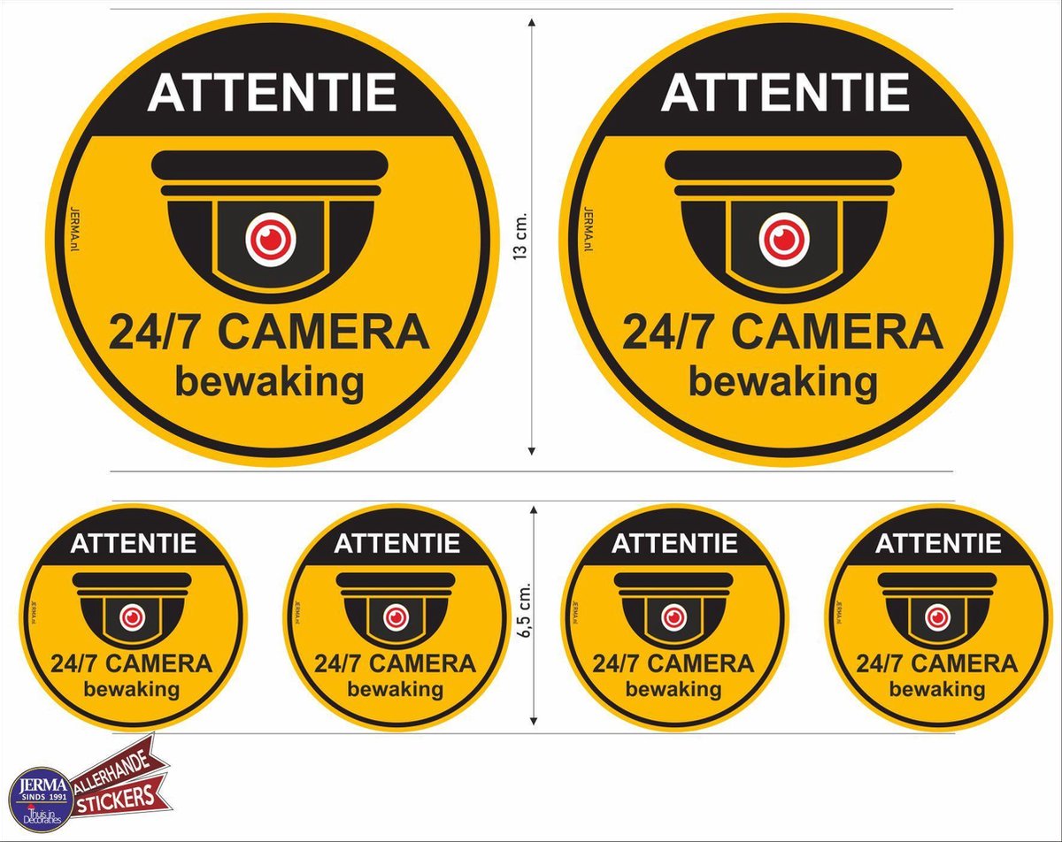 Attentie camera bewaking sticker set van 6 stuks, duidelijk herkenbaar ...