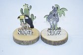 set van 2 zomer decoraties op boomschijfje, zebra & toekan 8 x Ø 10 cm