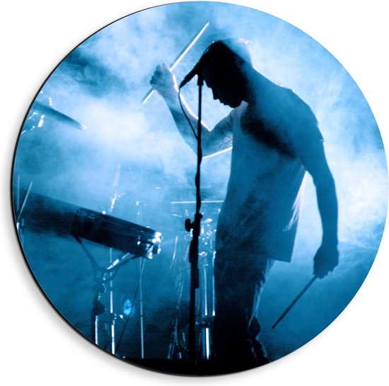 Dibond Wandcirkel - Drummer met Blauw Licht - 40x40cm Foto op Aluminium Wandcirkel (met ophangsysteem)