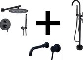 Blackline TS complete set voor badkamer- Zwarte regendoucheset 30CM- vrijstaande badkraan zwart- Zwarte wastafelkraan inbouw -Zwart sanitair- Set C