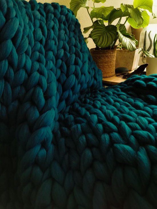 HOMEY & STUFF gebreide wollen deken XXL - 100% Handgemaakt Merino Lontwol Plaid - Huisdecoratie Kleed - 150 x 240 cm - Petrol | Donker Blauw / Groen