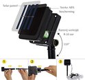 Exploded view solar paneel met ABS bescherming. Batterij werktijd 8-10 uur. Montagehandleiding stap 1, 2, 3.