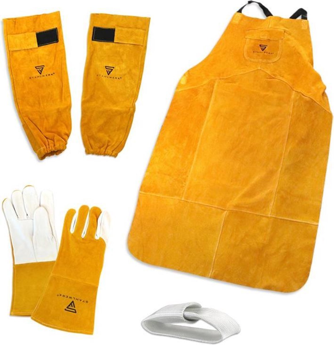 STAHLWERK beschermende kledingset: lashandschoenen, armspatbescherming & echt leer schort + TIG-vingers
