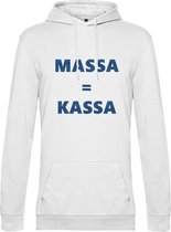 Hoodie met opdruk “Massa is kassa” Witte hoodie met blauwe opdruk – Goede pasvorm, fijn draag comfort