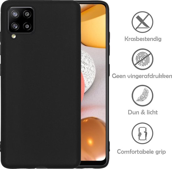 Zwarte telefoonhoes, met rechts icoontjes voor krasbestendig, geen vingerafdrukken, dun & licht en comfortabele grip.