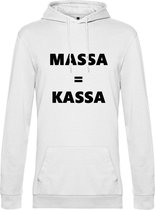 Hoodie met opdruk “Massa is kassa” Witte hoodie met zwarte opdruk – Goede pasvorm, fijn draag comfort