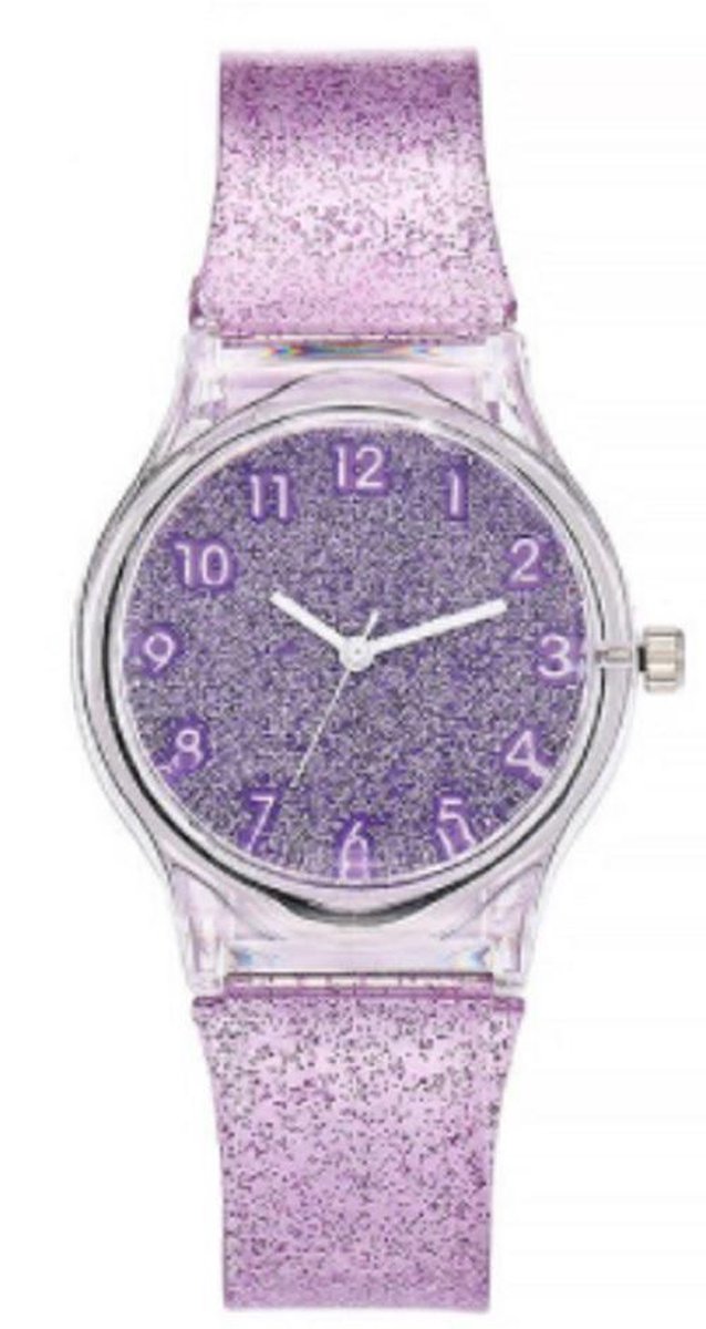 Glitter horloge - paars - kinderen- tieners - 33 mm - I-deLuxe verpakking