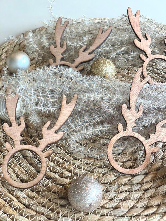 HOUTEN KERSTVERSIERING / WOODEN CHRISTMAS DECORATION - TAFELACCESSOIRES / TABLE ACCESSORIES - SERVETRINGEN RENDIER / NAPKIN RINGS REINDEER (4 STUKS) - 10 x 7,5 - DONKER HOUT / DARK WOOD - Diner accessoires - Tafel decoratie - Kerstmis