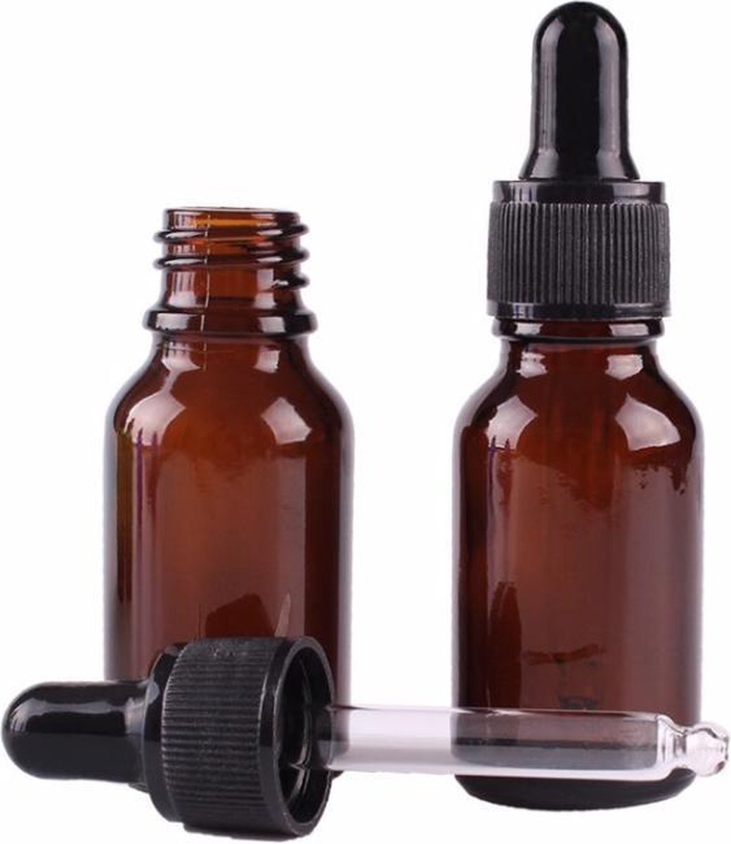 Amber (bruinglas) glazen pipetflesje - 15 ml - inclusief zwart pipet - aromatherapie