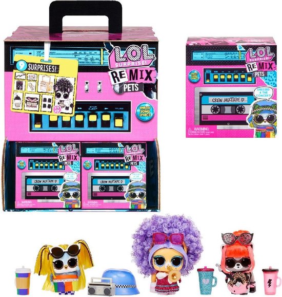 L.O.L. Surprise! Remix set met geopende doos, poppen, accessoires en een stereospeler.