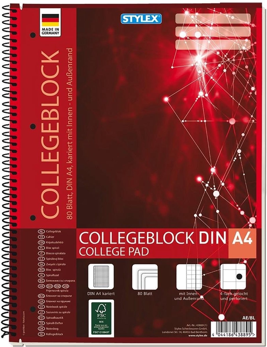 Stylex DIN A4 Collegeblok met Ruitpatroon 80 Bladzijden