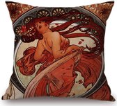Kussenhoes Red Lady - Vintage - 45 x45 cm - Alphonse Mucha - stevig grof linnen design