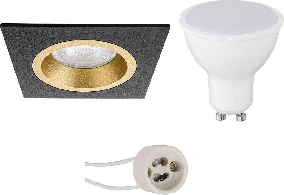 GU10 Inbouwspot Set - Mat Zwart/Goud - Inbouw Vierkant - Pragmi Rodos Pro - 4W - Warm Wit 3000K - 93mm