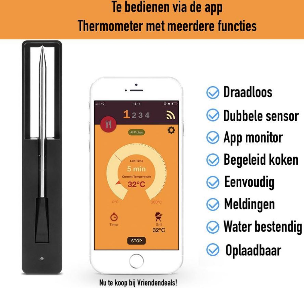 Vleesthermometer draadloos vlees thermometer digitaal Bluetooth thermometer bbq...