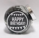 Snoeppot met deksel, gevuld met drop "Happy Birthday", verjaardag - snoepcadeautje