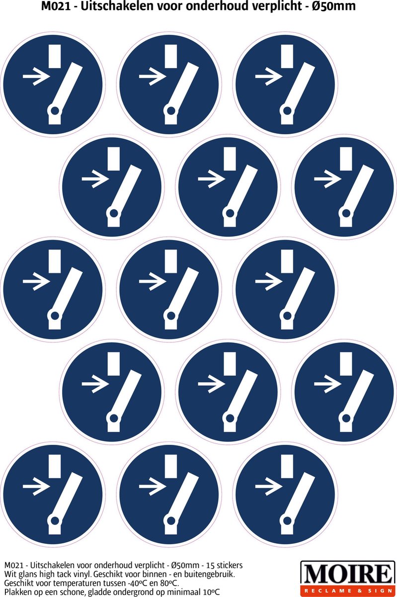 Pictogram sticker 75 stuks M021 - Uitschakelen voor onderhoud verplicht - 50 x 50mm - 15 stickers op 1 vel