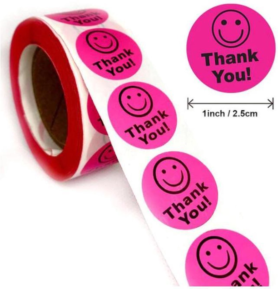 500 stickers op rol Smiley roze Thank You 2,5 cm