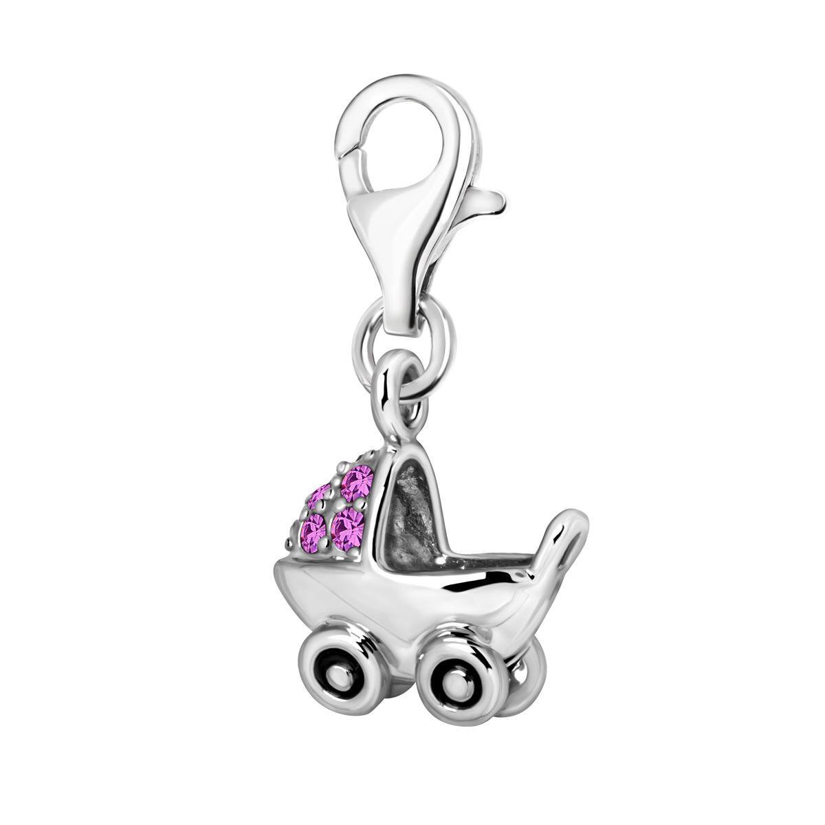 Quiges – Charm – Hanger - 3D Kinderwagen Buggy - Verzilverd - karabijnslot - geschikt - voor - Bedelarmband - QHC135