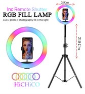 Selfie LED Ring Lamp met Kleuren 26Cm / RGB LED + Statief Tripod Camera 210 CM hoog Inclusief Bluetooth afstandsbediening en Telefoonhouder Smartphone – HiCHiCO