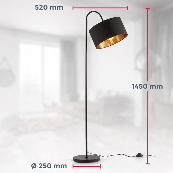 B.K.LICHT - Lampe sur pied - lampe debout noire et or - avec prise E27 - industrielle - abat-jour en tissu - h: 145 cm