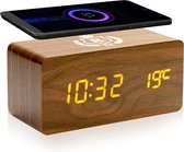 Royality® Digitale houten wekker met Qi draadloze oplader - Digitale klok - Draadloos en USB - Temperatuurmeter - Datum - Wireless charger - Kinderwekker - Slaapwekker - Bruin