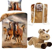 Dekbedovertrek Rennende Paarden- 1 persoons 140x200- meisjes slaapkamer - dekbed jongens- incl. Grote super zachte knuffel 32 cm Bruin