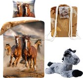 Dekbedovertrek Rennende Paarden- 1 persoons 140x200- meisjes slaapkamer - dekbed jongens- incl. Grote super zachte knuffel 32 cm grijs