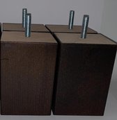 Set van 4 stuks houten meubelpoten Wengé (donker bruin) beuken 10 cm hoogte 7x7 cm M8 draadeinde Boxspring bedden banken