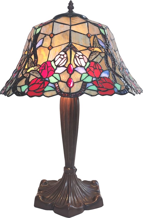 LumiLamp Tiffany Tafellamp Ø 41x57 cm Beige Rood Glas Bloemen Tiffany Bureaulamp