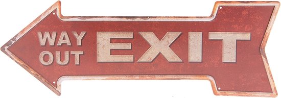 Clayre & Eef Tekstbord 46*15 cm Rood Ijzer Rechthoek Exit Way Out Wandbord Spreuk Wandplaat