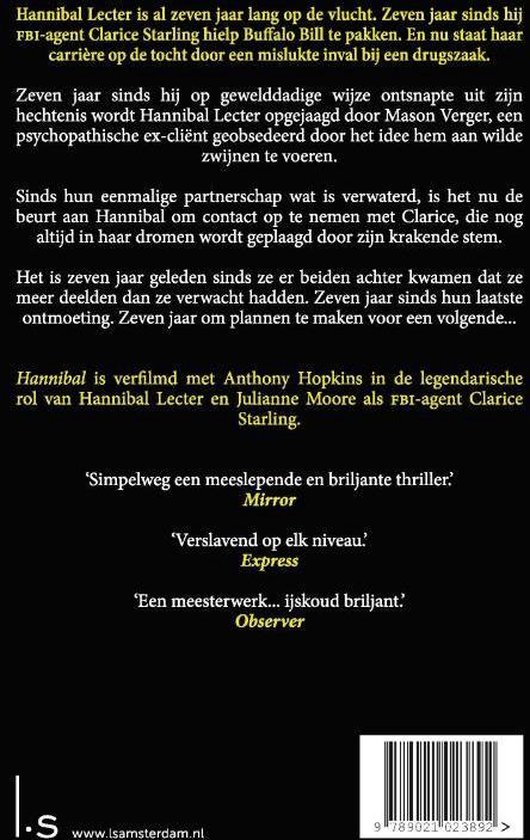 Achterkant van de boekcover met tekst en een FBI-badge, met een streepjescode.