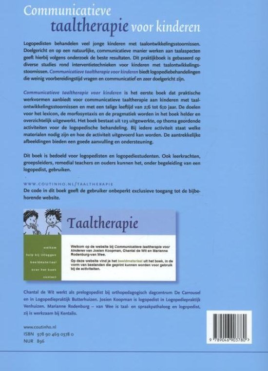 Boekomslag: "Communicatieve taaltherapie voor kinderen" met illustraties van spelende kinderen en pen-en-inkttekeningen van activiteiten.