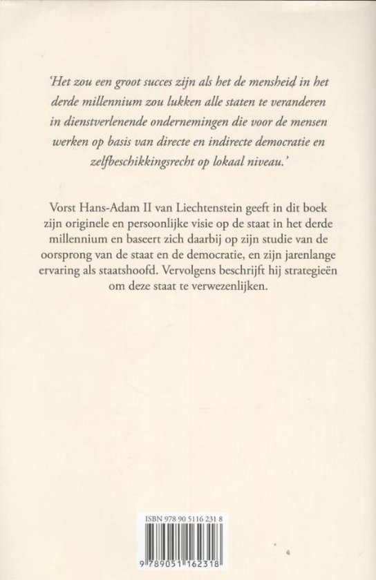 Achterkant van het boek 'De Staat in het Derde Millennium' met tekst en ISBN.