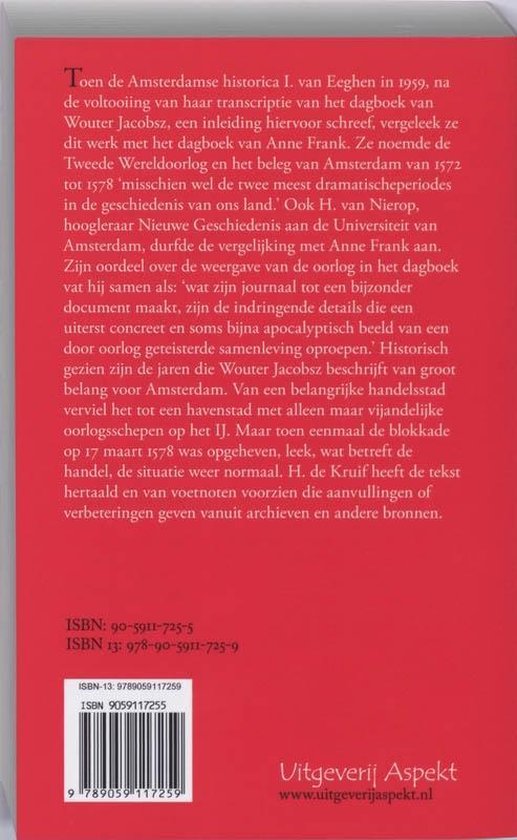 Achterkant van het boek 'Dagboek van broeder Wouter Jacobsz 1572-1579', met ISBN en uitgeverij.