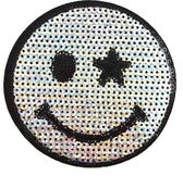 Smiley Emoji Paillette Strijk Embleem Patch Zilver 10.5 cm / 10.5 cm / Zilver Zwart