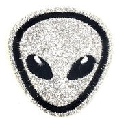 Alien Hoofd Strijk Embleem Patch Glitter Zilver 5 cm / 5 cm / Glitter Zilver Zwart