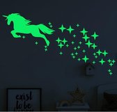 MUURSTICKER GLOW IN THE DARK EENHOORN MET STERREN - lichtgevende unicorn sticker kinderkamer babykamer