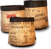 Duurzame potcover set, 3 x "S" 19x22cm, gemaakt van ♻️ theezakken uit India, elke pot is uniek bedrukt. Omslag en binnenzijde gemaakt van sterk en duurzaam non-woven materiaal