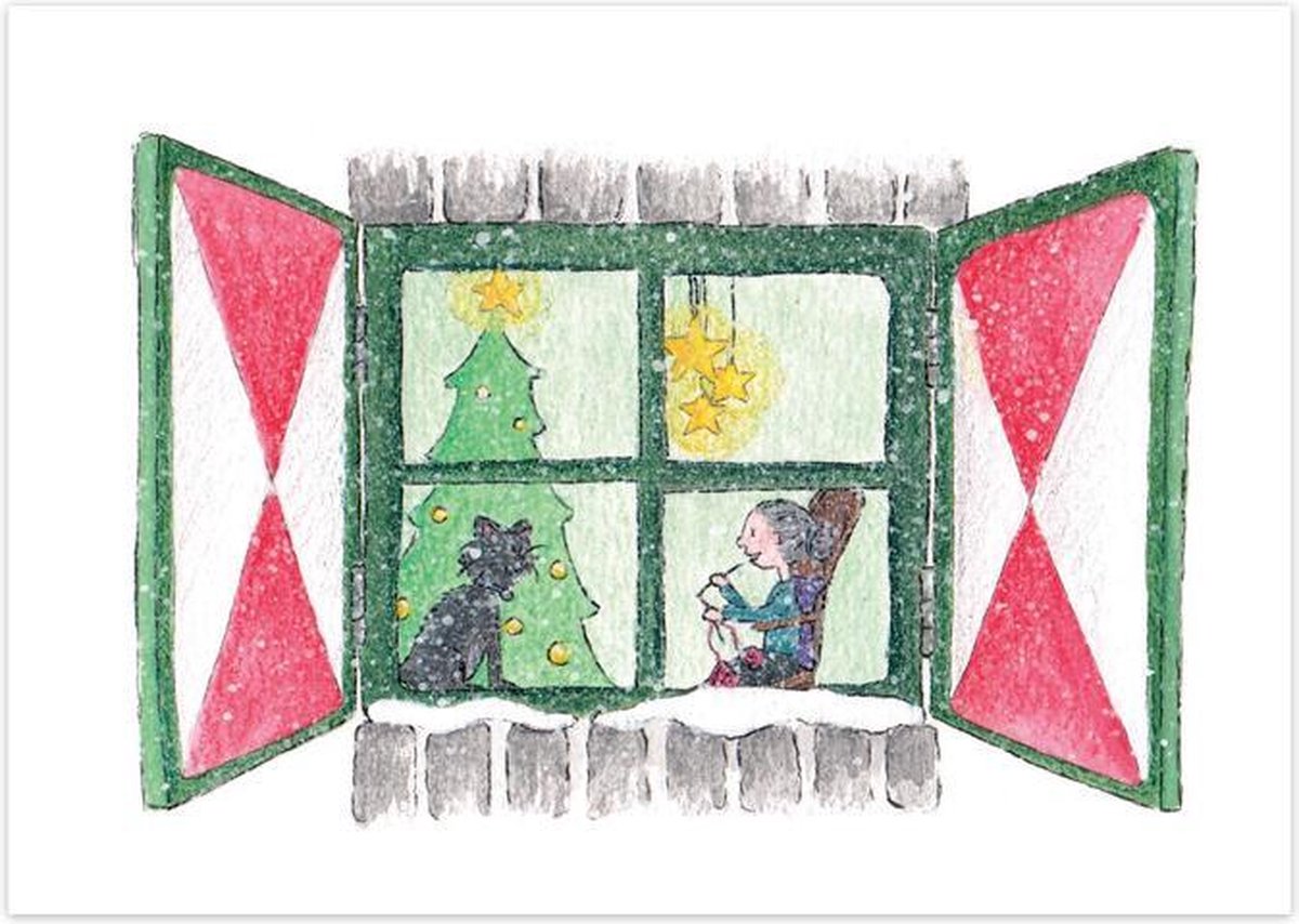 Kerstkaarten | Set van 5 | Kerstraampje oma met kat | Illu-Straver