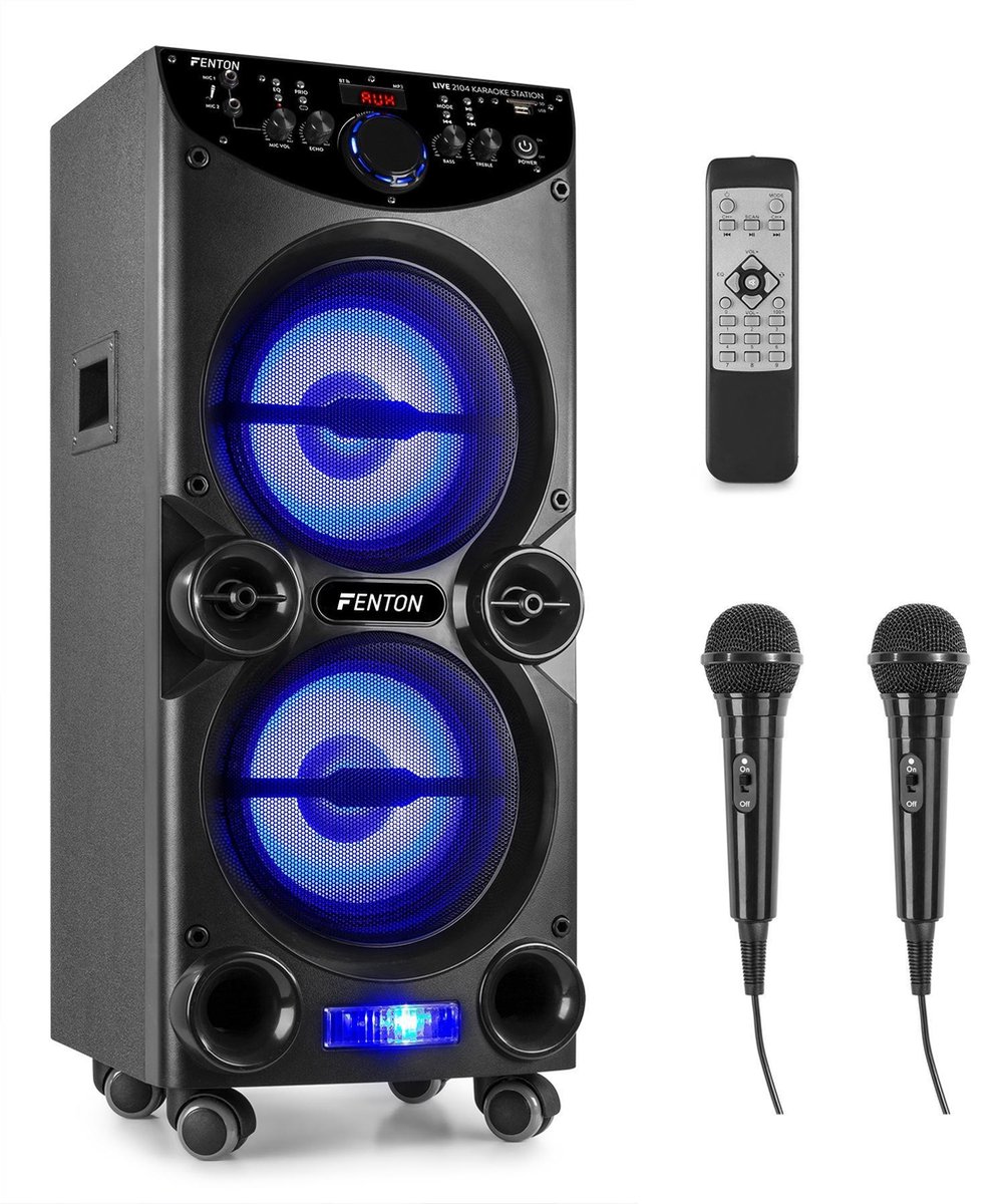 Karaoke set - Fenton LIVE2104 verrijdbare karaokeset met twee microfoons, Bluetooth, mp3 speler en d