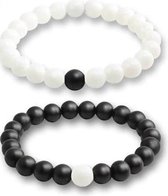 Kralen relatie armbanden - Yin Yang - 2 stuks - natuursteen - zwart onyx mat / wit - 0.8 cm