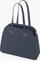 O bag reverse schoudertas in donkerblauw, compleet met lange gesp hengsels in donkerblauw en canvas binnentas in donkerblauw