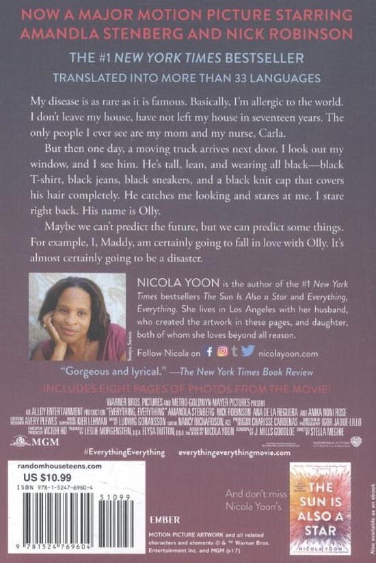 Boek kaft met tekst en een foto van de auteur Nicola Yoon.