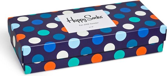 Een gesloten geschenkverpakking van Happy Socks met donkerblauwe ondergrond en veelkleurige grote stippen.