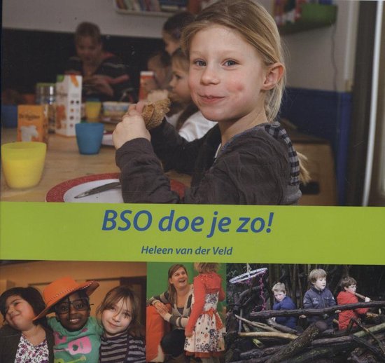 Een meisje met blonde haren kijkt naar de camera, terwijl ze een stukje brood eet. Op de achtergrond zijn andere kinderen te zien. De tekst 'BSO doe je zo!' staat op een groen vlak.