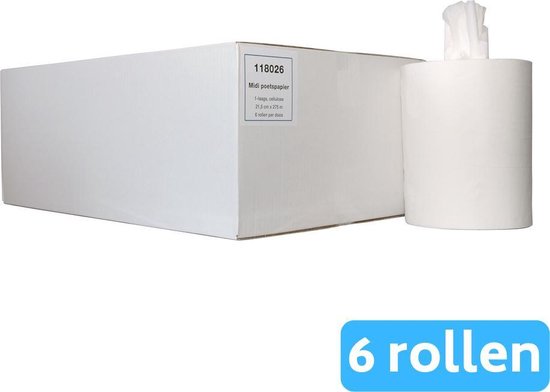 Doos met 6 rollen midi poetspapier, 1-laags cellulose, 21,5 cm x 275 m.