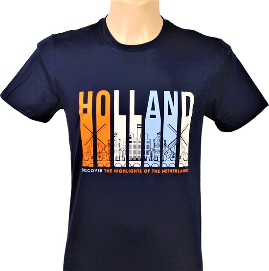 Donkerblauw T-shirt met 'HOLLAND' in gekleurde letters en een skyline van Nederland, met de tekst 'Discover the Highlights of the Netherlands'.